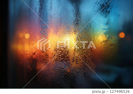 Colorful bokeh and condensation on window at sunrise 127496526