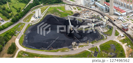 Pile of coal at thermal power station producing electricity by burning fossil fuel. Kingston Steam Plant in Roane County, Tennessee 127496562