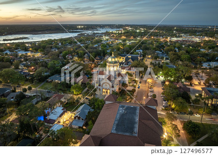Old historic city architecture in Southern USA. View from above of streets and buildings of St. Augustine, Florida Old historic city architecture in Southern USA. View from above of streets and buildings of St. Augustine, Florida 127496577