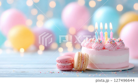 banner birthday card with empty space for text with balloons and cake 127496644