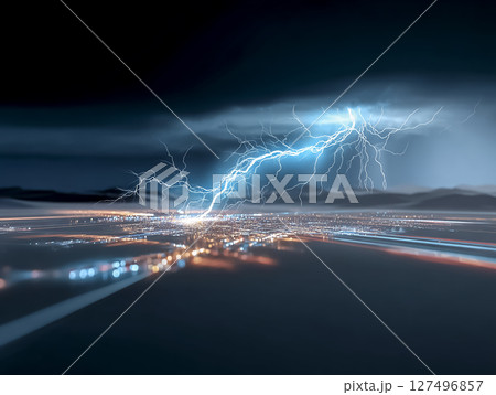都市に落雷が落ちる瞬間のCG素材 127496857
