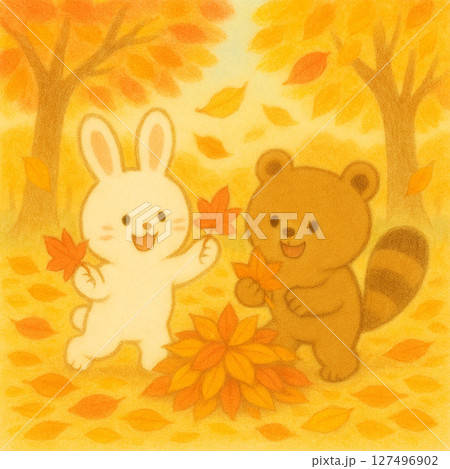 落ち葉で遊ぶうさぎとたぬきのイラスト 127496902