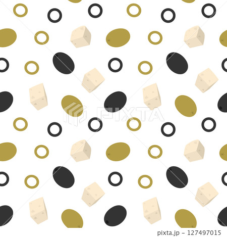 Freehand Cheese cubes in various positions and olives Fruits and sliced Seamless Pattern Food fond 127497015