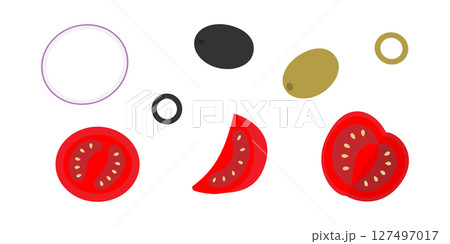 Sliced Tomato Onion rings and olive fruits Colorful Salad ingredients Vegetables Design element Set 127497017