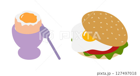 Soft Egg in Egg bowl and Sandwich with Vegetables and Fried Egg Healthy Eating Cards elements Set 127497018