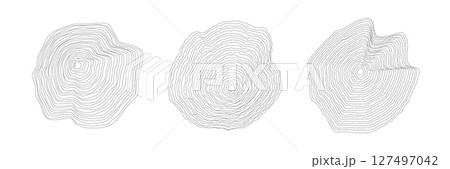 Set of rounded wood cuts on white with wavy, concentric annual rings Set of rounded wood cuts on white with wavy, concentric annual rings 127497042