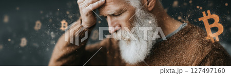 An elderly man struggles to understand a complex cryptocurrency transaction on his computer. An elderly man struggles to understand a complex cryptocurrency transaction on his computer. 127497160
