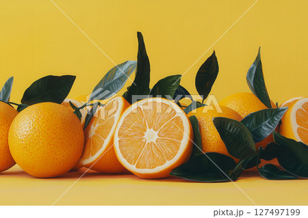 Fresh oranges with vibrant leaves arranged on a bright yellow background in a natural setting 127497199