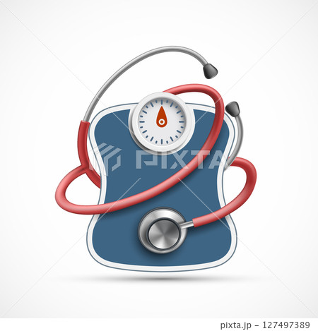 Weighing scales next to a medical stethoscope Weighing scales next to a medical stethoscope 127497389