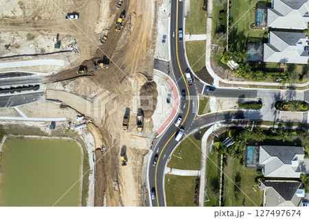 Industrial roadworks. Roundabout on wide American highway under construction. Development of transportation system for rapid transit Industrial roadworks. Roundabout on wide American highway under construction. Development of transportation system for rapid transit 127497674