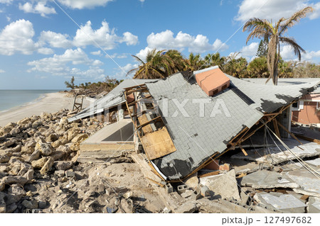 Hurricane Milton consequences on Manasota Key, Florida. Destroyed houses on sea coast. Storm surge severe damage 127497682