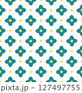 Seamless pattern of blue flowers with yellow centers on a white background in flat cartoon style. Vector illustration. 127497755