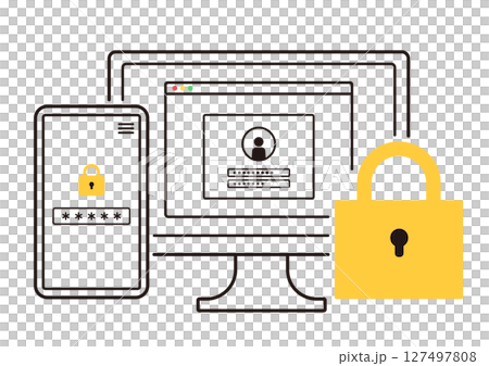 登入畫面和安全鎖向量圖示集 | PC 和智慧型手機的密碼保護影像 127497808