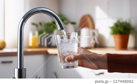 台所の蛇口から水をグラスに注ぐ 127498082