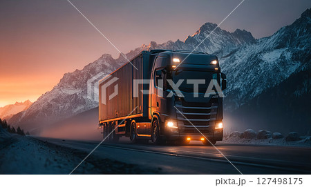 Freight truck driving along snowy mountain road at dramatic sunset Freight truck driving along snowy mountain road at dramatic sunset 127498175