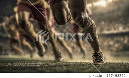 Football players' legs run side by side across the field during a sprint, with a blurred crowd in the background Football players' legs run side by side across the field during a sprint, with a blurred crowd in the background 127498232