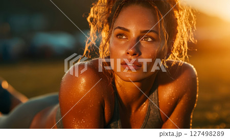 Sweaty woman relaxes after an outdoor workout during golden hour 127498289