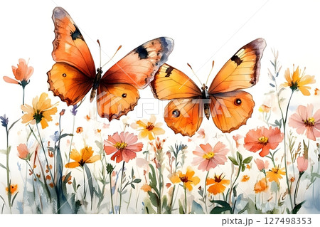 A watercolor illustration of two vibrant orange butterflies fluttering above a field of wildflowers in various shades. The scene captures the essence of spring and nature's beauty. 127498353