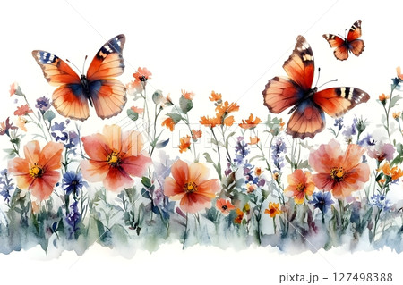 Watercolor illustration of vibrant butterflies fluttering above a field of colorful flowers, combining shades of orange, blue, and purple. This artwork captures the essence of nature and spring. 127498388