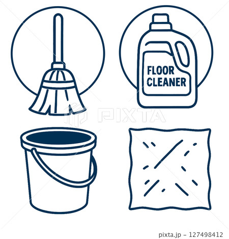 Cleaning tools and supplies including mop, floor cleaner, bucket, and cloth for effective Cleaning tools and supplies including mop, floor cleaner, bucket, and cloth for effective 127498412