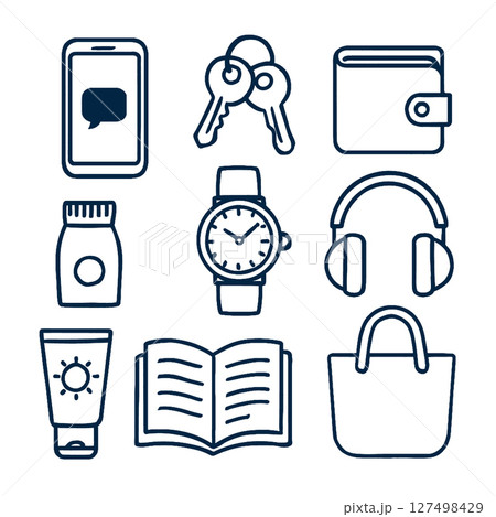 Essential items like phone, keys, wallet, and more are depicted in this stylish icon set 127498429
