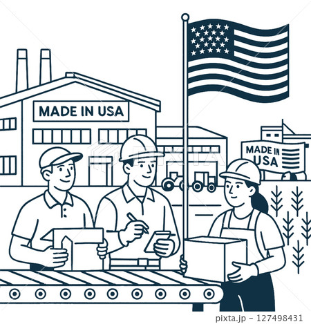 Workers in factory with flag, showcasing American manufacturing pride 127498431