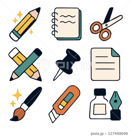 Creative tools and stationery icons including pencils, scissors, and paintbrushes 127498699