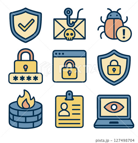 Secure icons representing cybersecurity concepts, including shields, locks, and alerts 127498704
