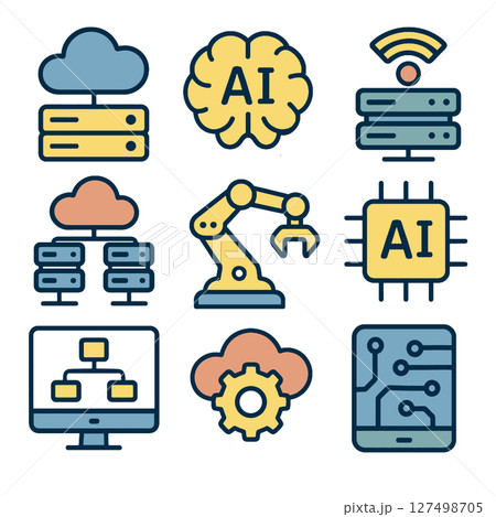 Digital technology icons representing cloud computing, artificial intelligence, and automation 127498705