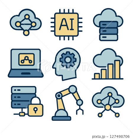 Icons representing technology, artificial intelligence, cloud computing, and data analysis 127498706