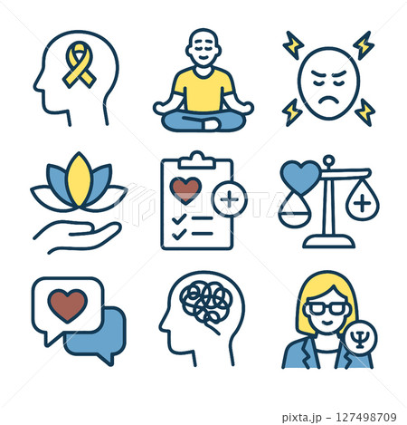 Mindfulness icons, mental health symbols, emotional wellness, balance, self care 127498709