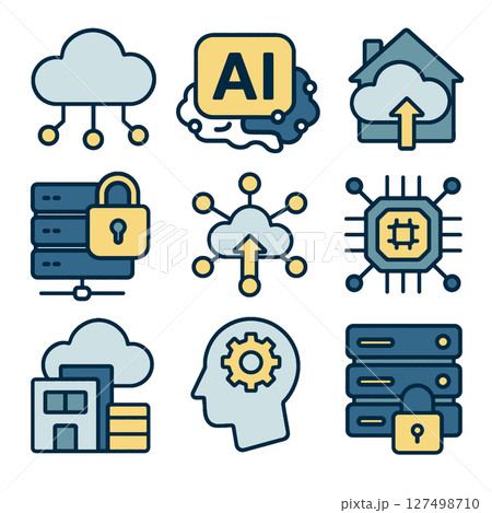 Cloud technology icons, including AI, security, and data storage, represent modern digital Cloud technology icons, including AI, security, and data storage, represent modern digital 127498710