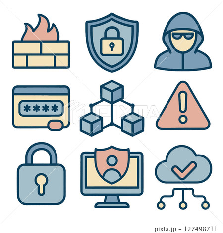 Secure icons representing cybersecurity, including firewalls, shields, and data protection 127498711