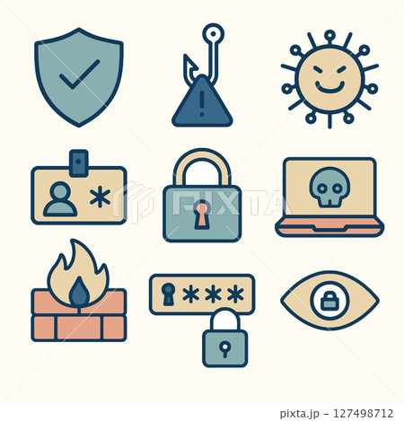 Secure icons representing cybersecurity concepts, including protection, phishing, and malware 127498712