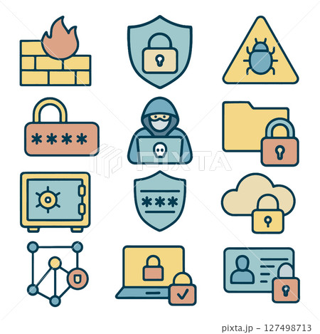 Secure icons representing cybersecurity concepts, including firewalls, locks, and hackers Secure icons representing cybersecurity concepts, including firewalls, locks, and hackers 127498713