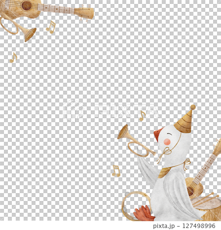 Frame watercolor goose trumpeter musician, musical instruments illustration, guitar, drum hand drawn. Template square for design invitation, birthday, congratulations, postcard, poster, nursery Frame watercolor goose trumpeter musician, musical instruments illustration, guitar, drum hand drawn. Template square for design invitation, birthday, congratulations, postcard, poster, nursery 127498996