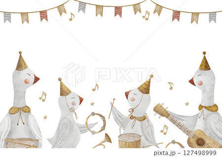 Frame watercolor geese musicians, illustration of musical instruments, guitar, trumpet, drum, festive garland, flags hand drawn. Template for invitation, congratulations, postcard poster nursery decor 127498999