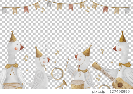 Frame watercolor geese musicians, illustration of musical instruments, guitar, trumpet, drum, festive garland, flags hand drawn. Template for invitation, congratulations, postcard poster nursery decor 127498999