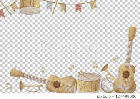 Frame watercolor illustration musical instruments, guitar trumpet drum notes hand drawn. Template on isolated background for invitation design, concert orchestra postcard poster nursery decor 127499000