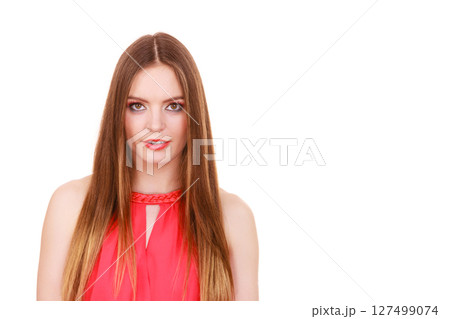 Woman charming girl long hair face makeup 127499074