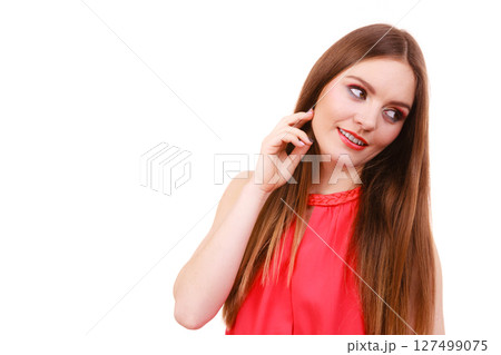 Woman charming girl long hair face makeup 127499075