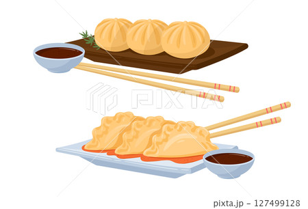 Asian dumplings. Cartoon traditional meat dumplings, Japanese gyoza and khinkali flat vector illustration set. Asian food plates 127499128