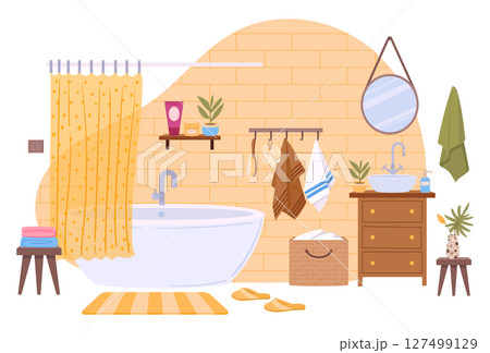 Cartoon modern bathroom. Cozy bathroom interior tub, rug and bathroom curtains flat vector illustration. Washroom interior Cartoon modern bathroom. Cozy bathroom interior tub, rug and bathroom curtains flat vector illustration. Washroom interior 127499129