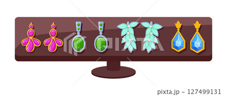 Earrings on jewelry stand. Precious gemstones and beads earrings, glamorous jewelry flat vector illustration. Cartoon jewelry on white background Earrings on jewelry stand. Precious gemstones and beads earrings, glamorous jewelry flat vector illustration. Cartoon jewelry on white background 127499131
