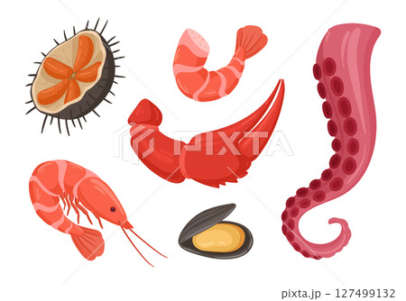 Fresh sea food. Cartoon oyster, shellfish and mussels, mediterranean diet flat vector illustration set. Tasty seafood menu Fresh sea food. Cartoon oyster, shellfish and mussels, mediterranean diet flat vector illustration set. Tasty seafood menu 127499132