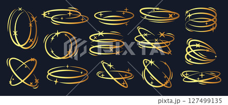Golden y2k oval frames. Brutalist old school ellipse shapes with stars and sparkles, precious oval frames flat vector illustration set. Abstract aesthetic symbols Golden y2k oval frames. Brutalist old school ellipse shapes with stars and sparkles, precious oval frames flat vector illustration set. Abstract aesthetic symbols 127499135
