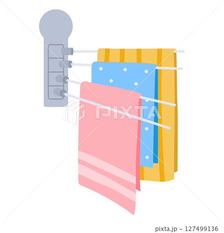 Hanging foot towels. Textile towels on hanger, fabric hand towels flat vector illustration. Cartoon bathroom towels 127499136