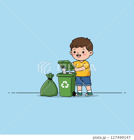 Cute little boy taking out the trash in garbage bag into recycling bin. Kids doing daily routine housework chores at home 127499147