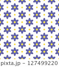 Seamless pattern featuring lilac flowers with yellow centers on a white background in flat cartoon style. Vector illustration 127499220