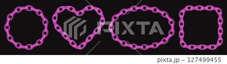 Distressed pink metal chain frames set with retro photocopy effect. Monochrome borders with gritty stippling texture. Trendy elements for y2k emo collage design. Vector illustration 127499455